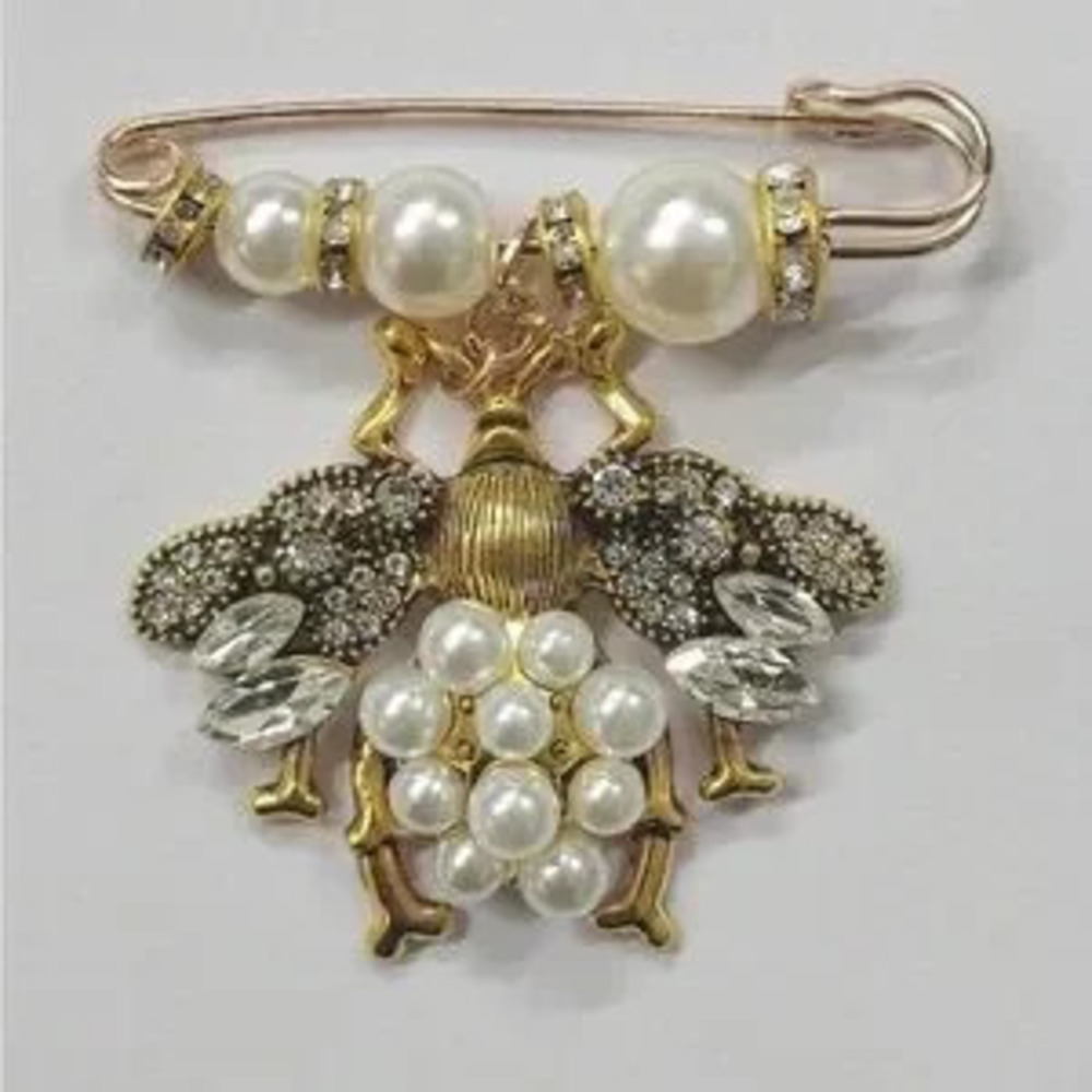 Vintage Style Gold Pearl & Crystal Bee Brooch